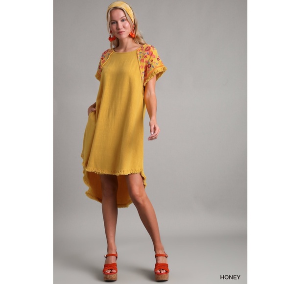 "The Honey" Deep Yellow Embroidery Sleeve High-Low Linen Dress - Picture 3 of 4